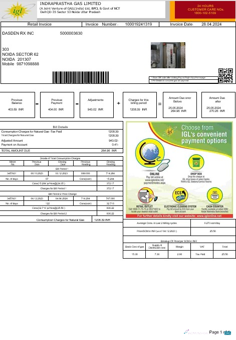 India INDRAPRASTHA GAS LIMITED business utility bill template in Word and PDF formats